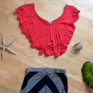 Coral flutter crop top with Pom Pom fringe